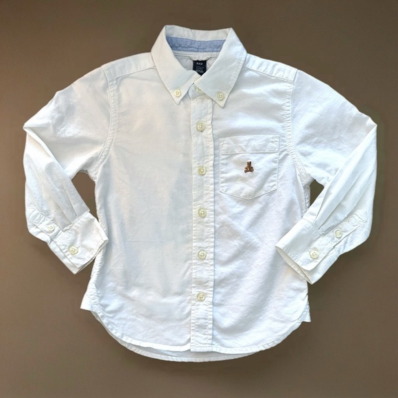 Baby Gap Preppy Oxford Boys White Button Down Shirt Bear Toddler Sz 4 Years - Picture 3 of 9